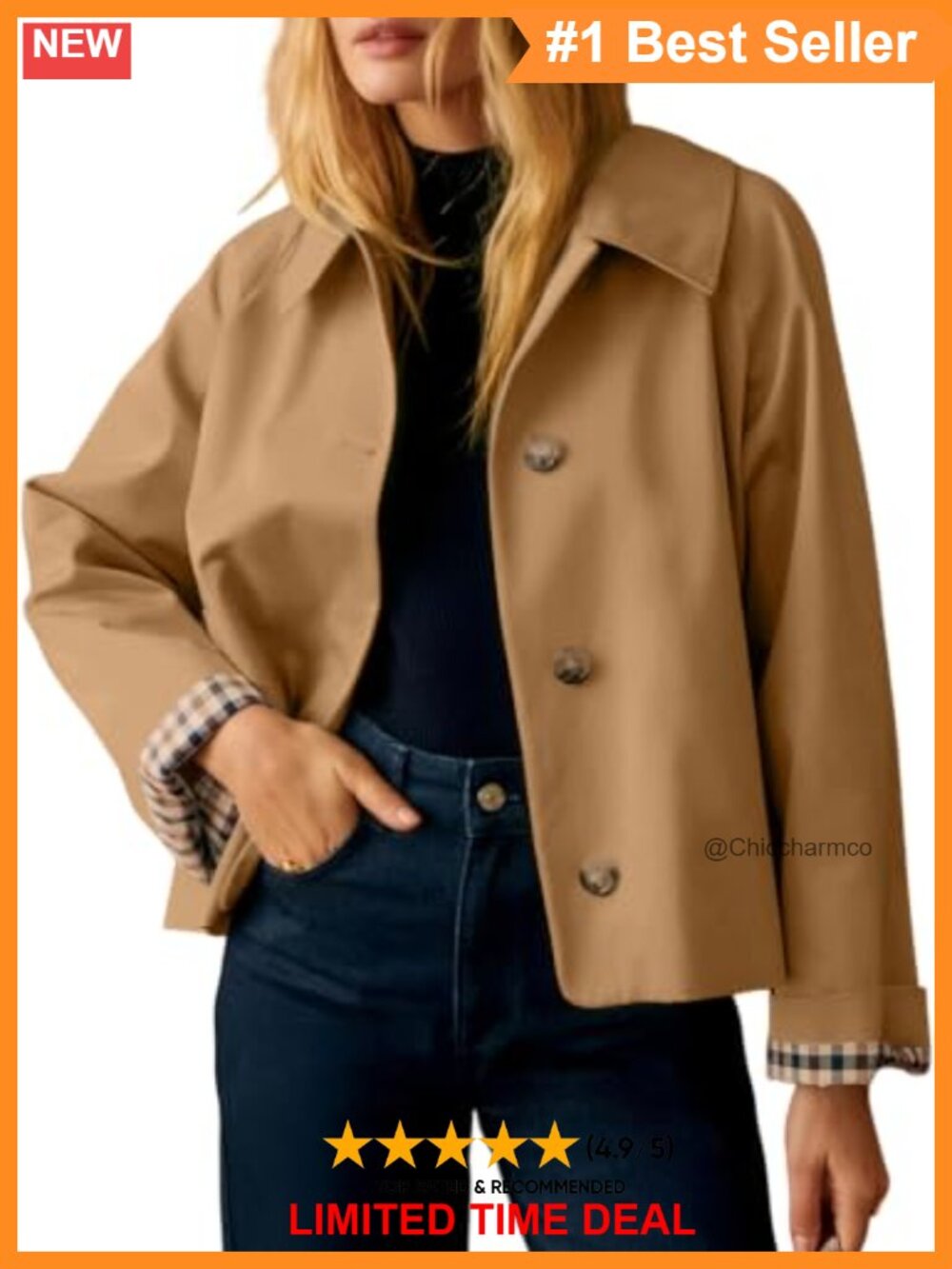 Cropped Trench Coat Jacket Plaid Lined Button Down Casual